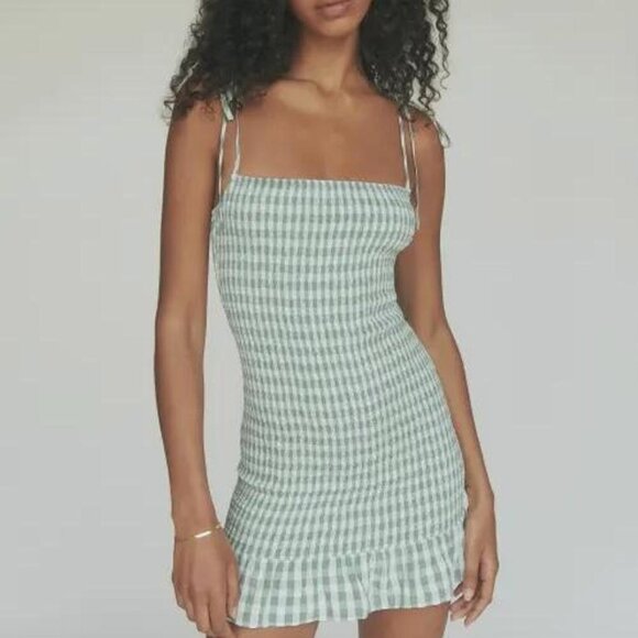490. REFORMATION Green Gingham Smocked Ruffle Mini Dress NWOT Large - Picture 1 of 4